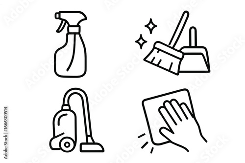Cleaning service and maintenance outline icons set. Hygiene, sanitary, and upkeep symbols. Household chores line art. Spray bottle, broom, vacuum cleaner, and wiping.