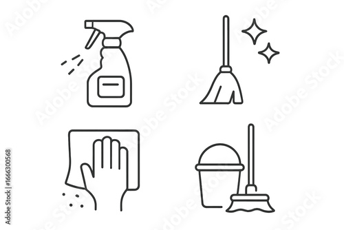 Cleaning service and maintenance outline icons set. Household chores and hygiene symbols. Vector line art illustration of mop, bucket, spray bottle, and wiping dust.