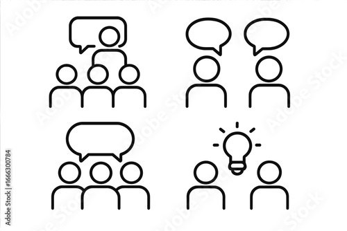 Communication collaboration outline icon set. Group meeting, discussion, dialogue, and brainstorming symbols. Teamwork, innovation, and business idea vector concepts.