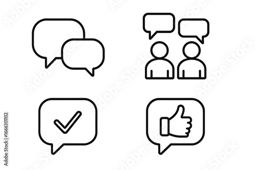 Feedback and communication thin line icons. Vector illustration includes chat bubbles, user reviews, discussion symbols. Check mark, thumbs up like button. Approved message.