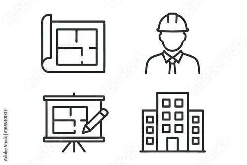 Construction and architecture outline icons set. Vector line symbols for building projects. Engineer, architect, blueprint, and planning concepts for real estate design.