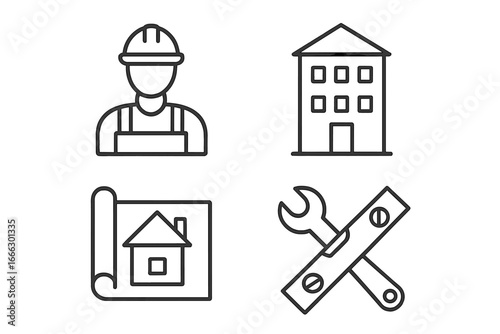 Construction and building linear icons set. Real estate and architecture concepts. Outline symbols of a worker, house blueprint, apartment building, wrench and level tool.