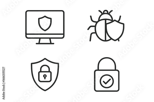 Cyber security line icons set. Antivirus, protection, and safety symbols. Computer guard, malware bug, secure lock with shield. Network data privacy vector pictogram collection.