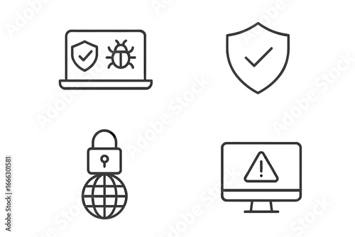 Cyber security line icon set. Vector symbols for antivirus, data protection, internet safety, and privacy. Concepts for network threat, malware bug, computer virus, and system alert.
