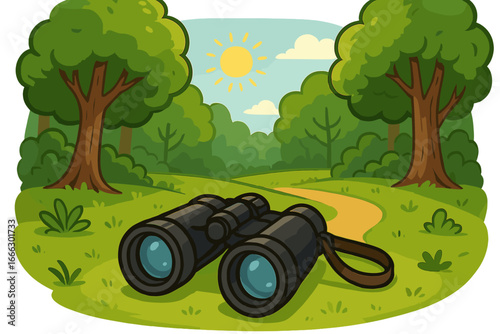 Binoculars on grass in sunny forest. Concept for nature observation, hiking, bird watching, exploration, and adventure. Vector cartoon illustration of travel equipment.
