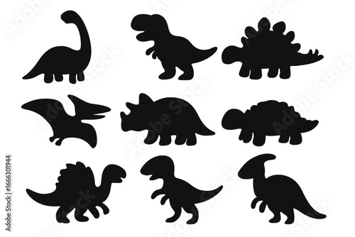 Dinosaur silhouette icon set. Prehistoric fossil animals for kids. Cute cartoon vector illustration. Jurassic dino monster collection. T-rex, triceratops, isolated black shape.
