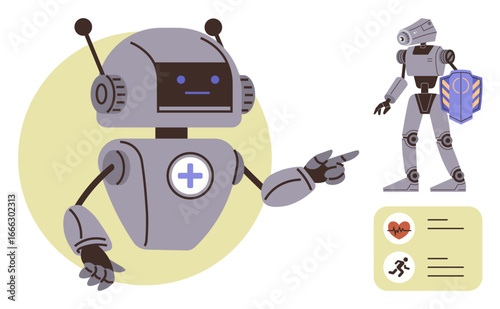 Robot gesturing toward medical and fitness data screen with heart and activity icons. Ideal for health technology, artificial intelligence, fitness tracking, healthcare innovation, robotics, digital
