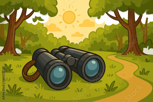 Binoculars for nature observation on a hiking trip. Forest landscape on sunny day. Outdoor adventure, exploration concept. Summer travel and camping equipment vector cartoon.