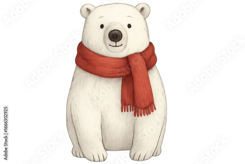 Cute polar bear wearing warm red scarf on transparent background