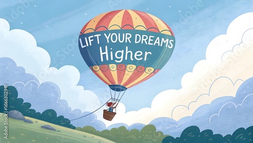 Colorful Hot Air Balloon with Motivational Phrase in Sky