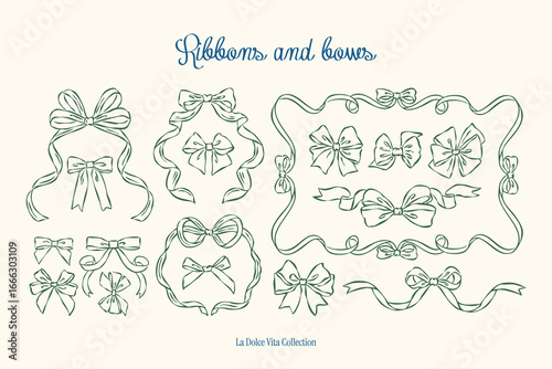 Ribbons and bows ink sketch illustration set. Art for greeting cards, wedding invitations, poster design, postcards, branding, logo design, background.