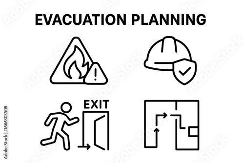 Evacuation plan outline icons. Emergency exit strategy symbol set for fire safety and alert. Danger warning, escape route, man running, safety helmet. Vector line icon pack.