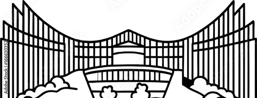Black and white vector illustration of the IKN Nusantara government building in Indonesia, featuring modern architecture with iconic facade and minimalist design