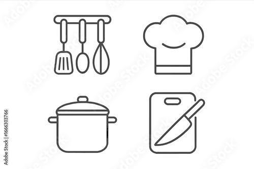 Set of kitchen and cooking outline icons. Culinary tools and equipment symbols: chef hat, pot, knife on cutting board, utensils. Vector food preparation concept icons.