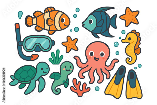 Cute sea animal cartoon vector set. Underwater marine life collection with clownfish, octopus, turtle, seahorse. Snorkeling and diving icons with mask, fins. Ocean summer concept.