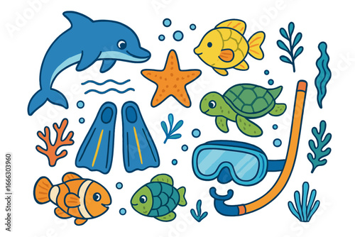 Vector cartoon set of cute marine life and snorkeling gear. Playful summer illustration with dolphin, turtle, fish, starfish. Ocean animal collection for kids design.