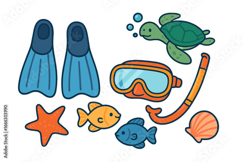 Snorkeling gear and marine life cartoon icon set. Vector collection for summer vacation with diving mask, flippers, sea turtle, tropical fish, starfish, and shell. Underwater adventure.
