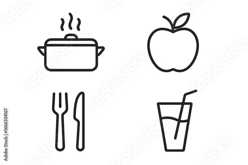 Food and beverage icon set. Cooking pot, apple, cutlery, and drink symbols. Linear vector icons for restaurant menu, nutrition app, or culinary website. Meal preparation.