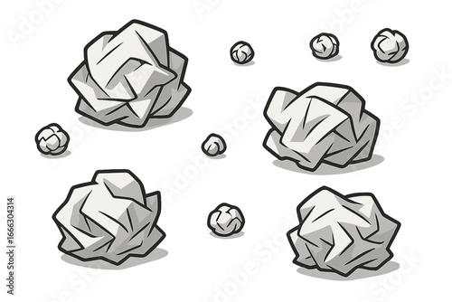 Crumpled paper ball vector set. Waste paper, mistake, and discarded idea concept. Office garbage and recycling. Wrinkled document, failure, brainstorming process cartoon.