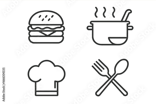 Food and cooking outline icons set. Linear culinary elements. Vector illustration. Restaurant menu design. Fast food burger. Hot soup pot. Chef hat. Fork spoon cutlery.