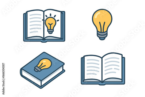 Creative innovator icon set with lightbulb and book symbols. Concept for knowledge, education, learning, and new ideas. Vector illustration for brainstorming and inspiration.