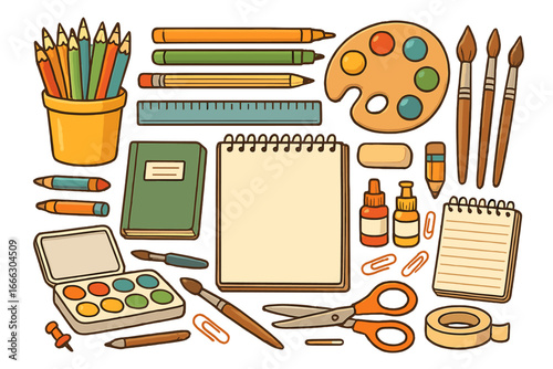 Vector art supplies and stationery set. Creative tools for artists and students for drawing and painting. Back to school creative workspace items. Cartoon illustration concept.