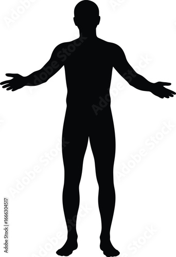 Human body silhouette with open arms, black male figure, standing posture, vector illustration, anatomical outline, person shape design isolated