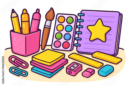 Back to school concept. Cute cartoon school supplies set. Vector stationery illustration with notebook, pen, paint, pencil, ruler for education, learning, art, and creativity.