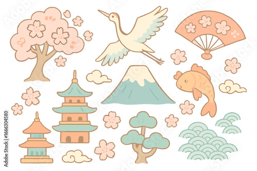 Japanese culture & nature elements set. Cute cartoon vector icons of Fuji, pagoda, crane, koi, sakura, fan, and traditional wave patterns. Pastel color illustration.