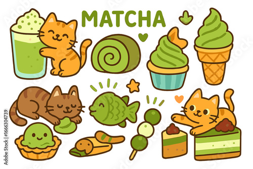 Cute cats and matcha green tea sweets set. Kawaii cartoon vector collection of Japanese desserts: cake, ice cream, dango, taiyaki, latte. Adorable kitten characters.