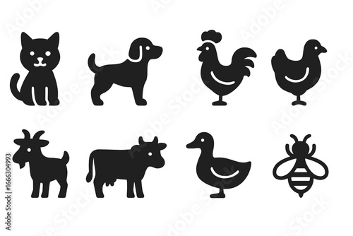 Farm and domestic animal solid icon set. Pets and livestock symbols. Simple black glyph collection for web and print. Cat, dog, rooster, hen, goat, cow, duck, bee vector.