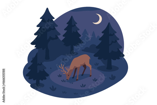 Deer grazing in a twilight forest clearing under the moon. Isometric vector illustration of a wild stag in nature. Serene nocturnal wildlife scene with pine trees and stars.