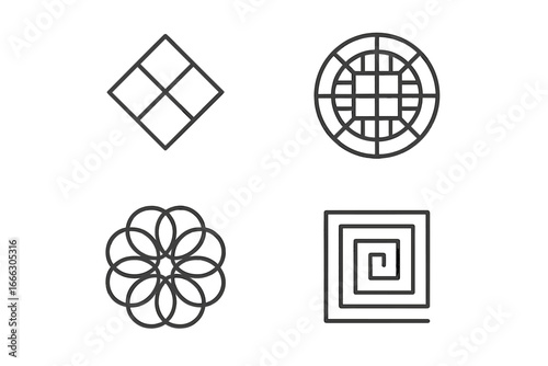 Geometric pattern line icons set of 4. Abstract symbols, decorative motifs. Outline vector shapes for modern logo design. Sacred geometry flower, square spiral, circle grid, rhombus element.