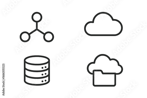 Data and cloud computing line icons. Network connection, database server, and cloud storage folder symbols. Web hosting technology concept. Minimalist pictogram set for UI UX.
