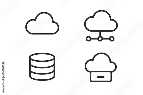 Cloud computing and data line icon set. Outline symbols for network, database, storage, and server. Vector pictogram collection for technology, internet, and web services.