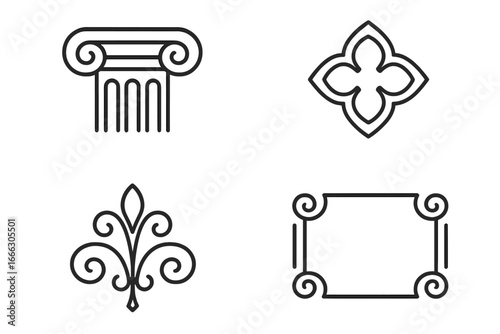 Elegant decorative elements outline icon set. Architectural classic ornament symbols. Ionic column, quatrefoil, vintage floral scroll, antique frame. Vector logo concepts.