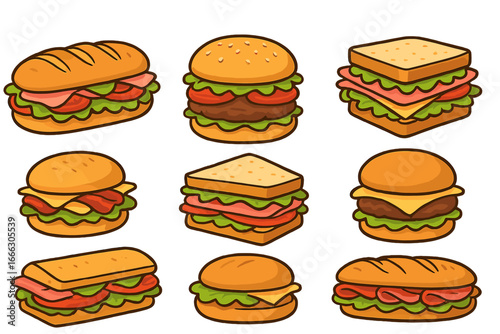 Vector set of cartoon sandwiches and burgers. Collection of fast food icons like hamburger, cheeseburger, sub, and club sandwich for menu design, lunch, or snack concepts.