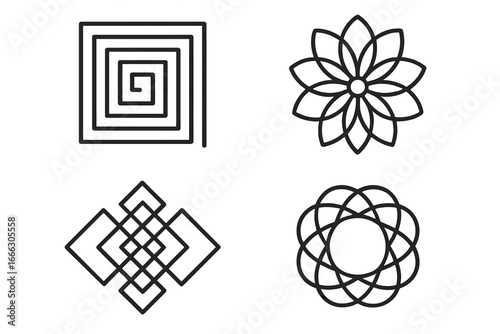Set of four geometric line icons. Abstract symbols for logo design. Minimalist outline vectors. Includes spiral, floral mandala, and interlocking knot patterns. Sacred geometry elements.