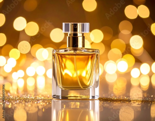 Golden perfume bottle on a sparkling background