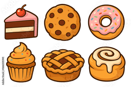 Set of cute cartoon baked goods. Vector collection of sweet pastry icons: cake slice, chocolate chip cookie, donut, cupcake, pie, and cinnamon roll. Bakery food illustration.