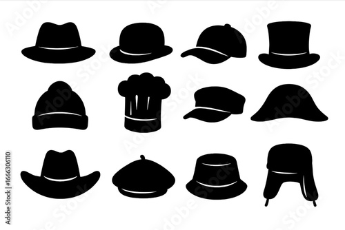 Hat silhouette icon set. Collection of diverse headwear. Vector graphic illustration of various hats like fedora, top hat, cap, beanie, cowboy and chef hat. Fashion accessory.