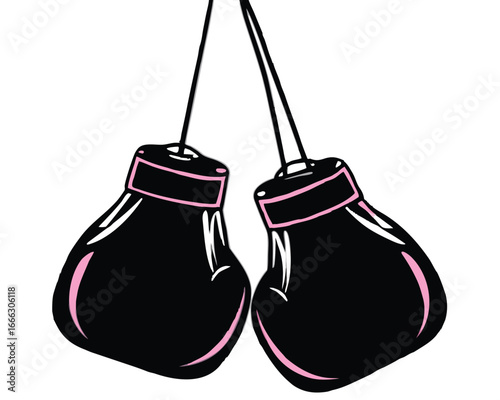 Two black boxing gloves hanging from strings on a white background