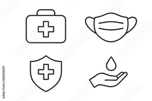 Healthcare and safety vector icons. Medical linear symbol set. First aid kit, face mask, virus protection shield, and hand washing or sanitizer drop pictogram.