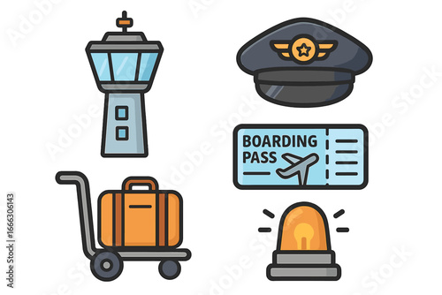 Air travel icon set with airport control tower, pilot hat, luggage cart, and boarding pass. Aviation and flight symbols for tourism, vacation, and transport. Vector collection.