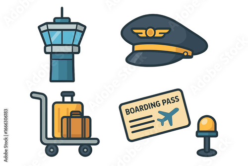 Air travel icon set with airport control tower, pilot hat, luggage cart, and boarding pass. Aviation and transportation vector collection for journey and vacation concepts.