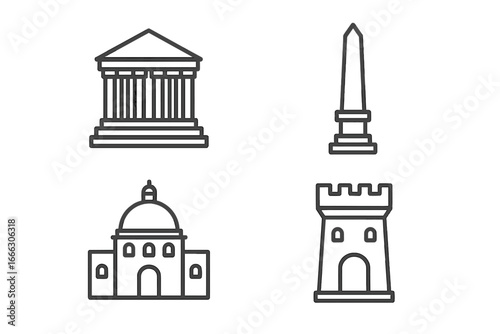 Historical architecture outline icon set. Ancient Greek Roman temple, Egyptian obelisk, cathedral dome, and medieval castle tower. Landmark, museum, government building symbols.
