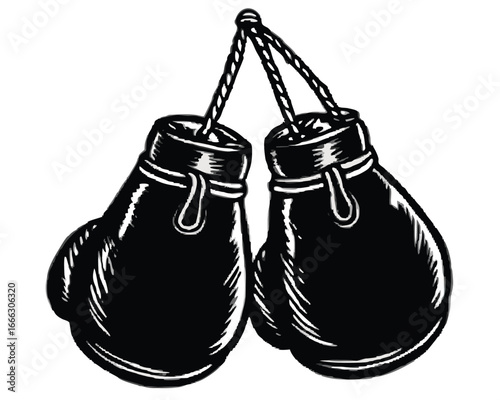 Vintage black boxing gloves hanging together illustration