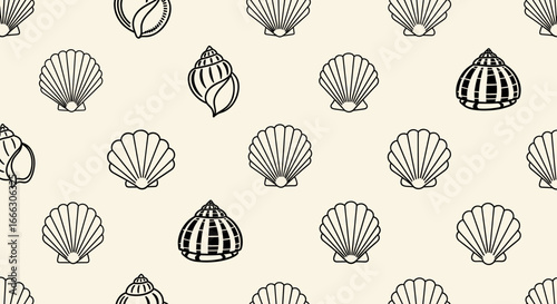 A seamless pattern featuring various types of detailed line-art seashells on a light cream background.