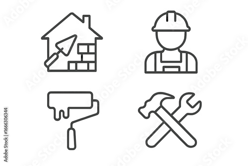 Construction and renovation icon set. Home improvement, repair and DIY line icons. Builder, house, paint roller, hammer and wrench symbols. Vector outline graphic elements.