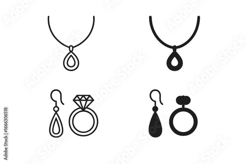Jewelry icon collection. Linear outline and silhouette glyph styles. Fashion accessories set with necklace, pendant, earrings, engagement diamond ring. Luxury, beauty, glamour vector.